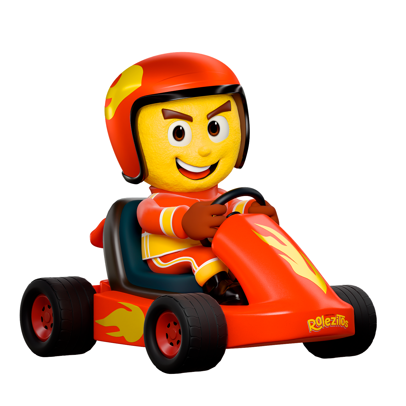 Personagem 3D de piloto de kart vermelho, com capacete e chamas amarelas, criado por Natan Samir